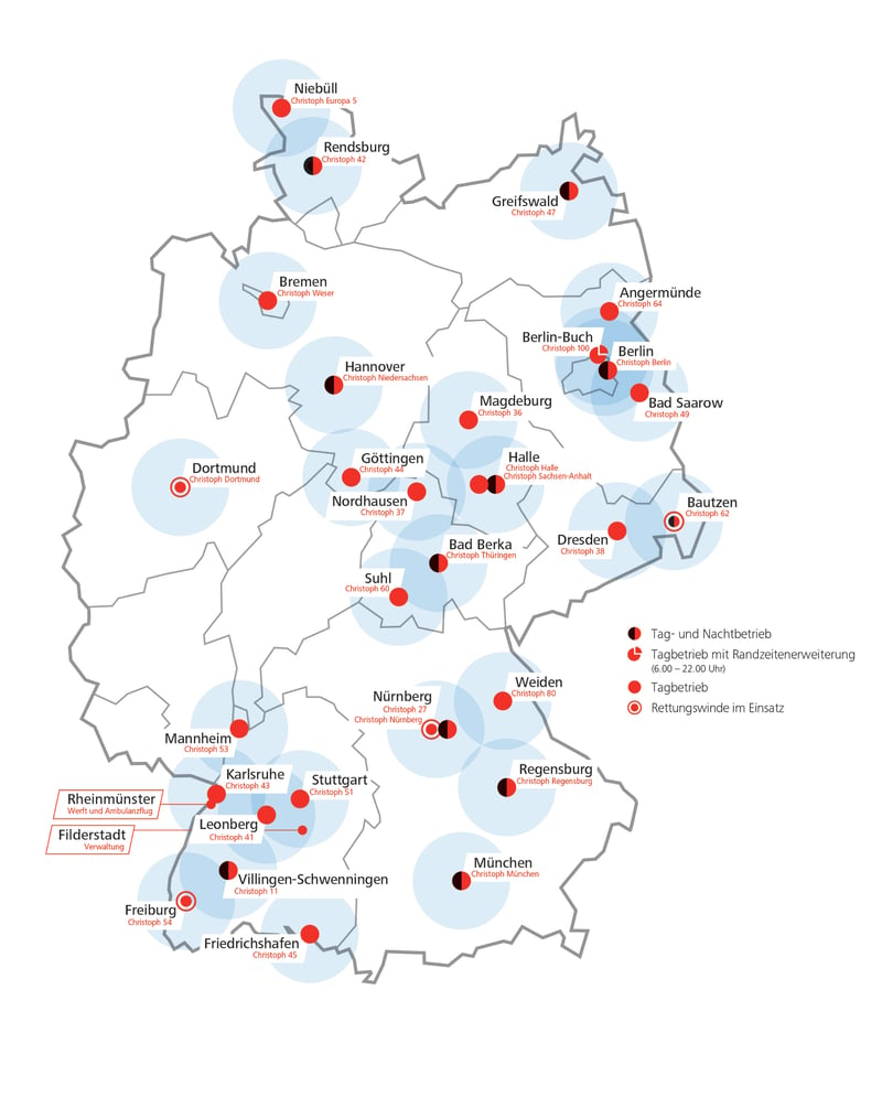 Auf einer Deutschlandkarte sind alle Luftrettungsstationen der DRF Luftrettung markiert und benannt.