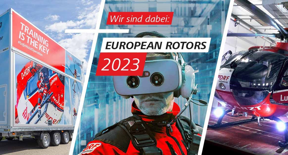 Collage aus drei Bilder: Windensimulator von außen, Mensch mit VR-Brille, Hubschrauber