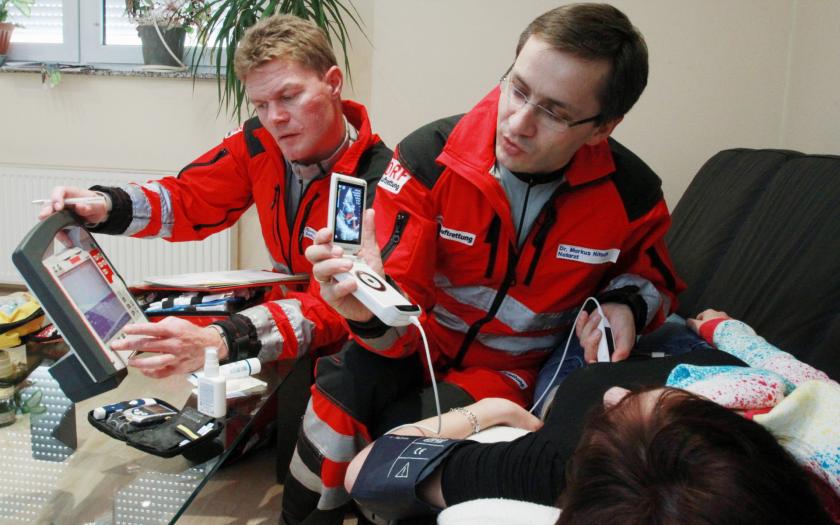 Notarzt und HEMS-TC nutzen das portable Sonographiegerät an einem Patienten